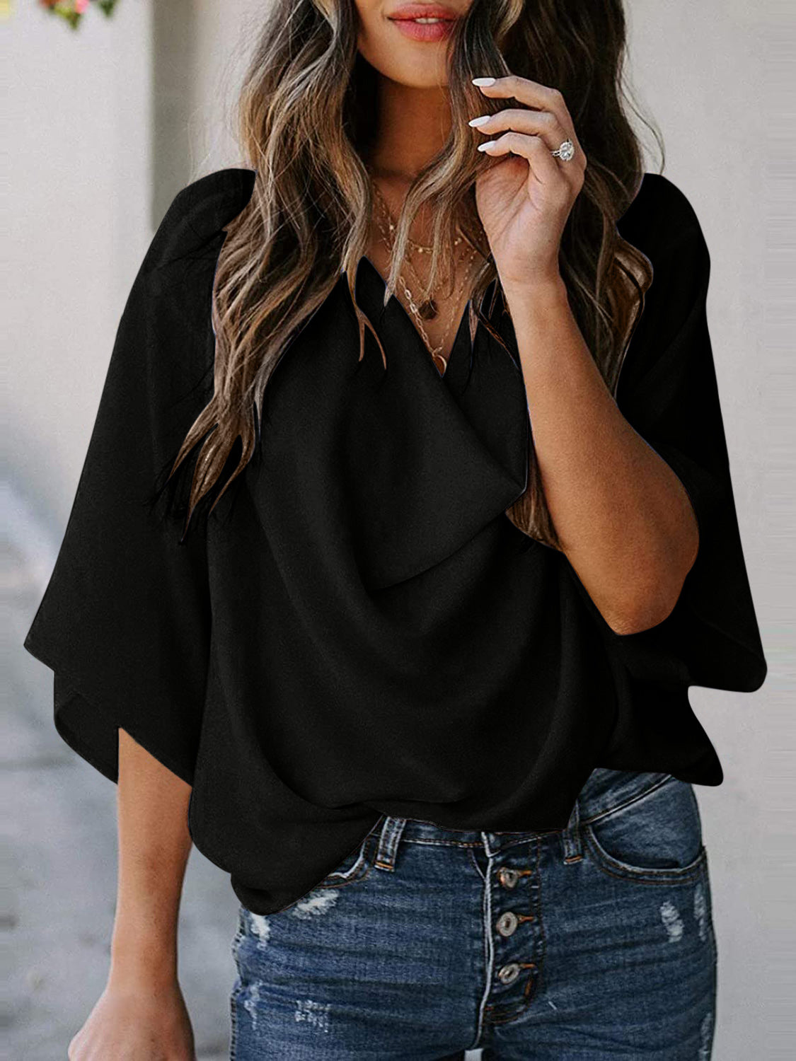 Full Size Cowl Neck Three-Quarter Sleeve Blouse Black