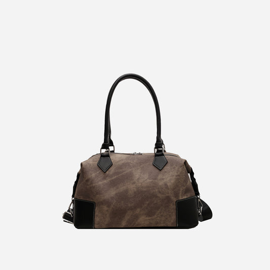 Contrast PU Leather Shoulder Bag Coffee Brown One Size