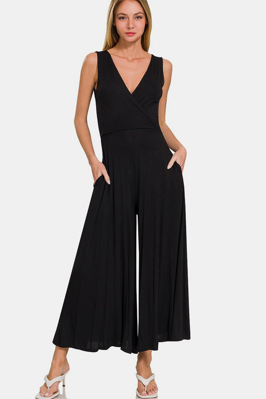 Zenana Surplice Neckline Sleeveless Jumpsuit BLACK