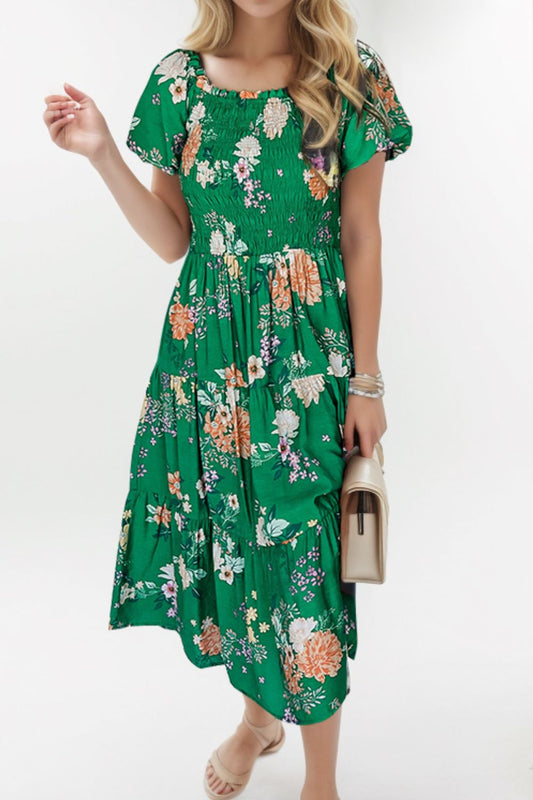 Smocked Printed Puff Sleeve Midi Dress Dark Green