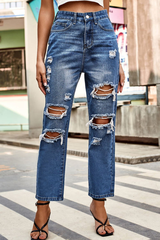 Distressed High Waist Straight Jeans Medium