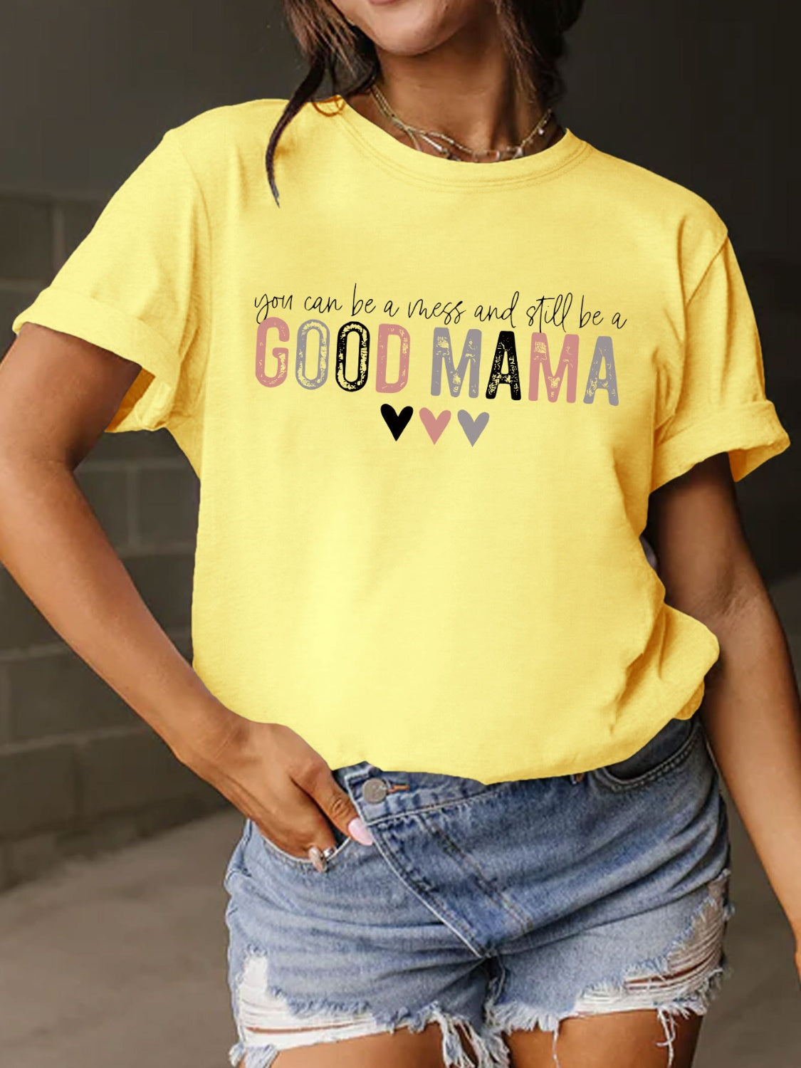 Full Size Letter Graphic Round Neck Short Sleeve T-Shirt Light Yellow