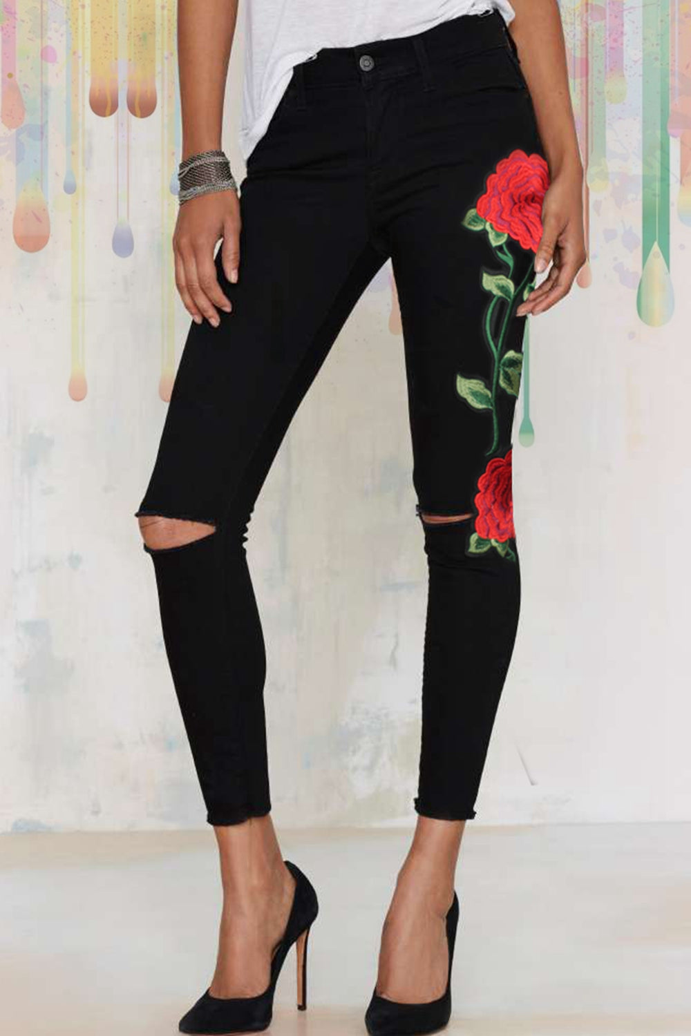 Full Size Rose Embroidery Cutout Jeans Black