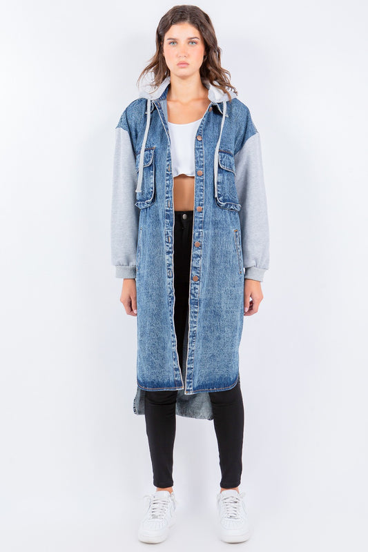 American Bazi Contrast Longline Hooded Denim Jacket Blue Grey