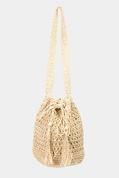 Fame Straw Braided Drawstring Tote Bag with Tassel IV One Size