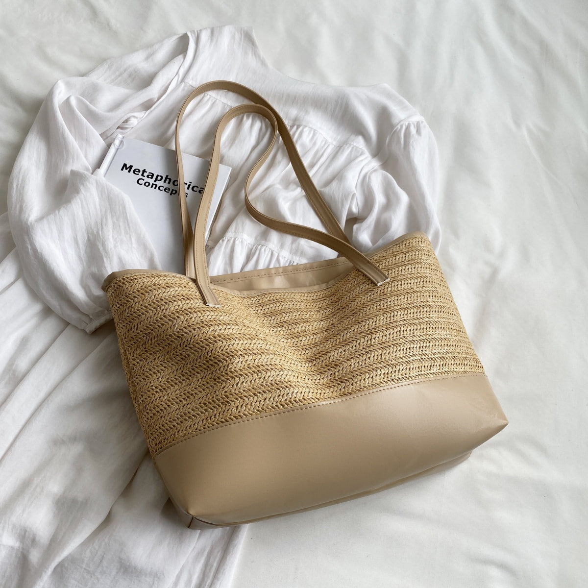 Straw Weave Leather Strap Tote Bag Camel One Size