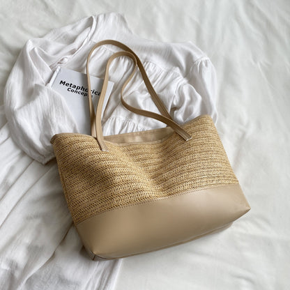 Straw Weave Leather Strap Tote Bag Camel One Size