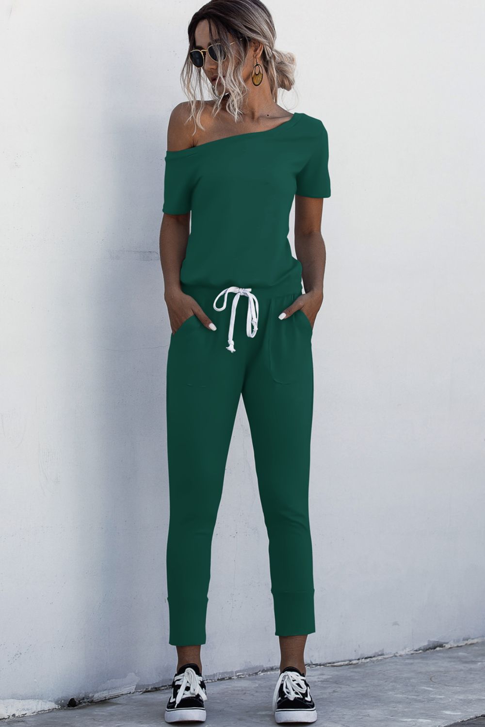 Asymmetrical Neck Tied Jumpsuit with Pockets Forest