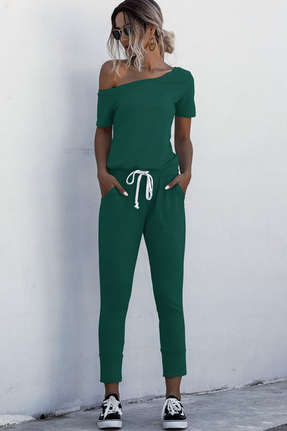 Asymmetrical Neck Tied Jumpsuit with Pockets Forest