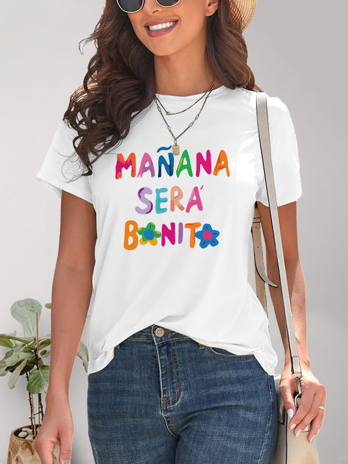 Letter Graphic Round Neck Short Sleeve T-Shirt White