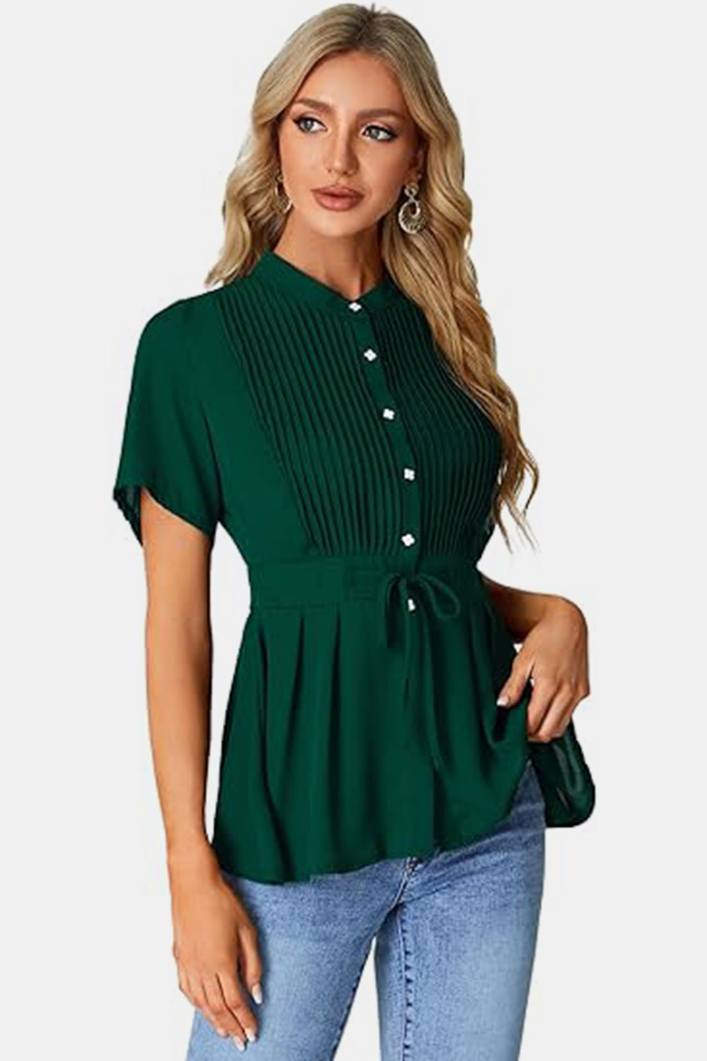 Tied Round Neck Short Sleeve Blouse