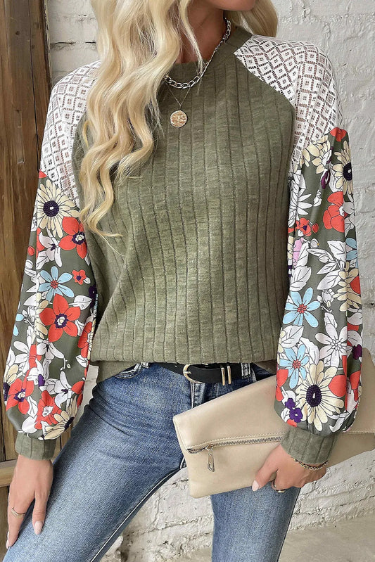 Printed Round Neck Long Sleeve Top Moss