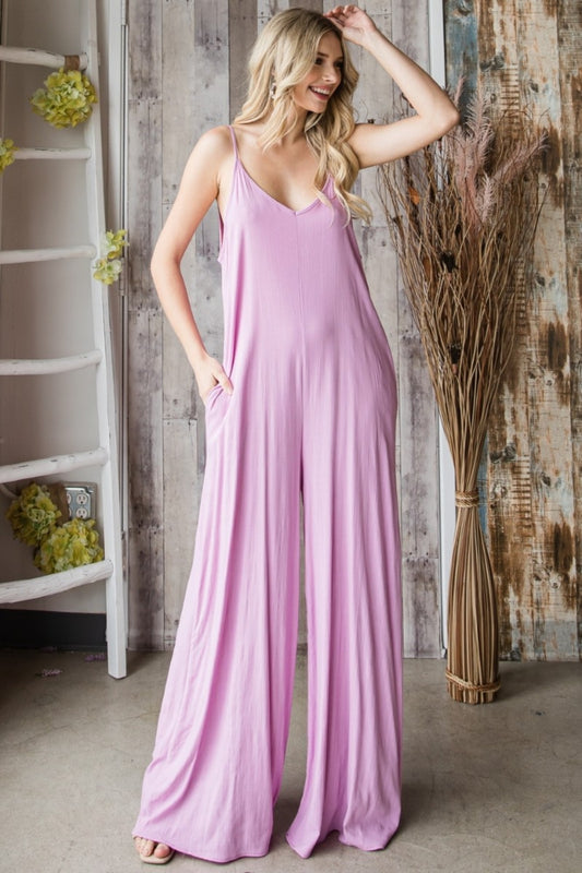 Veveret Pocketed Spaghetti Strap V-Neck Wide Leg Jumpsuit LAVENDER