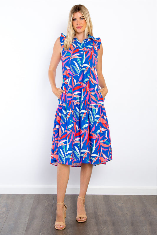 Be Stage Print Ruffled Midi Dress with Pockets Royal Blue