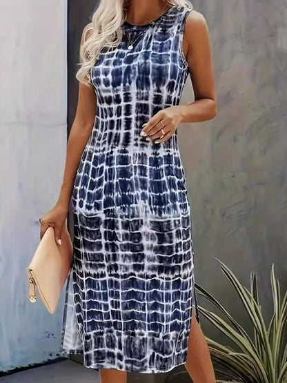 Slit Printed Round Neck Sleeveless Dress Dark Blue