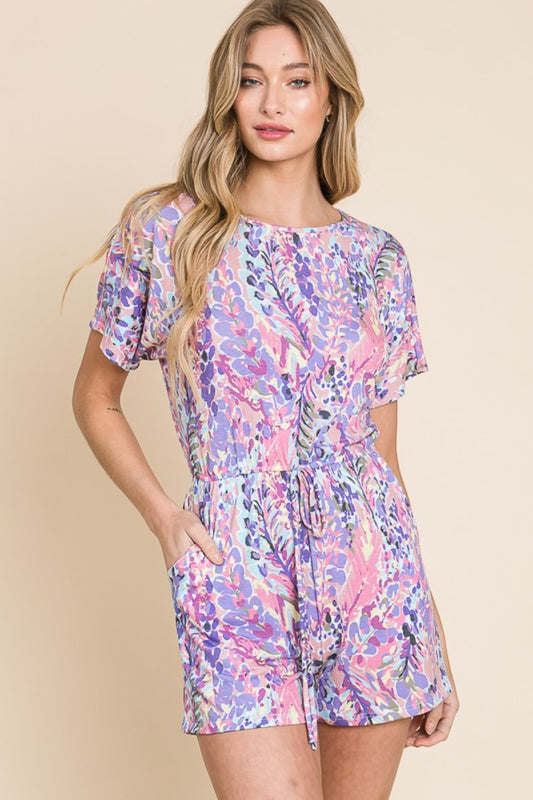 BOMBOM Print Short Sleeve Romper with Pockets Plum