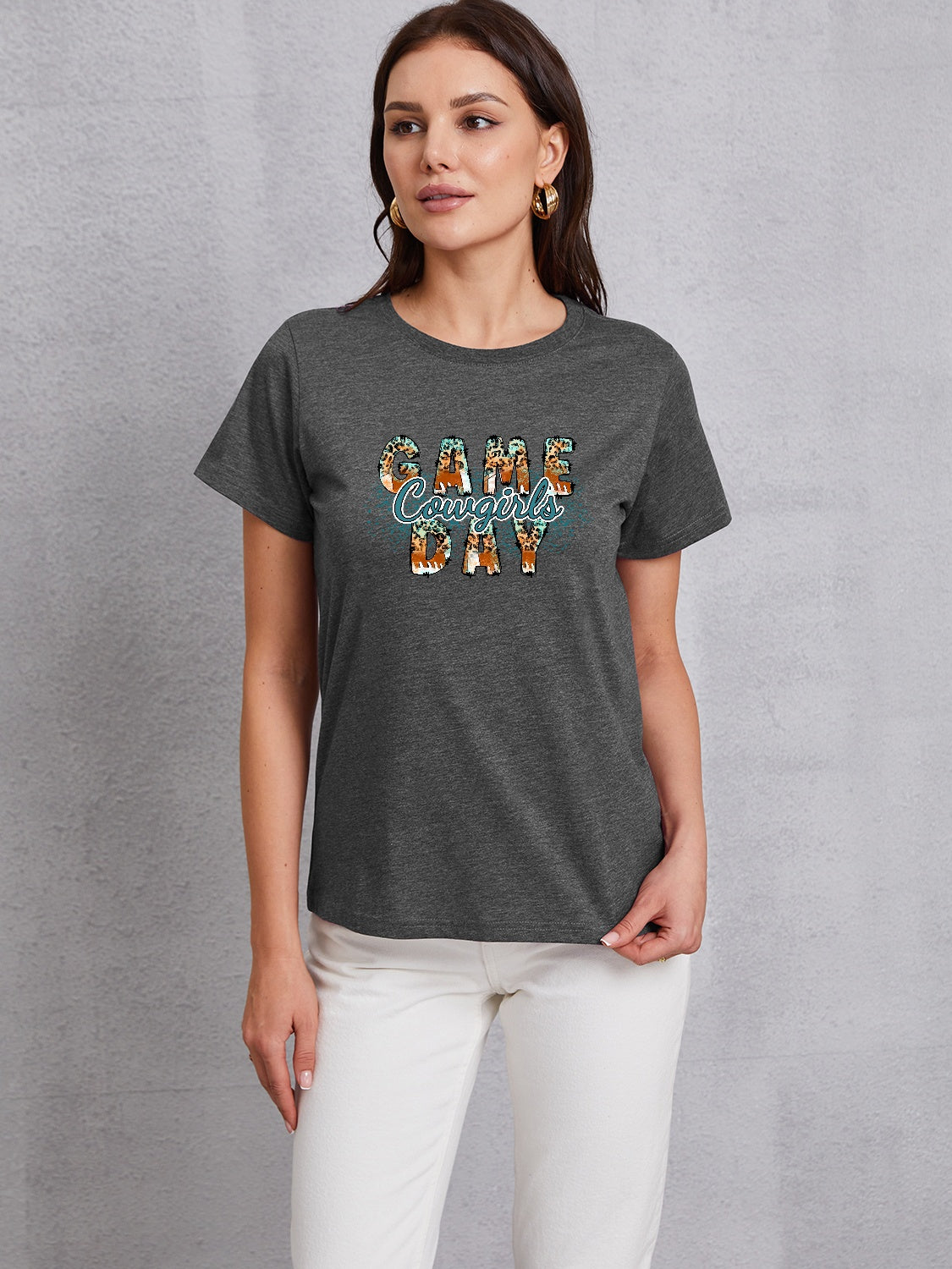 COWGIRLS GAME DAY Round Neck Short Sleeve T-Shirt Dark Gray