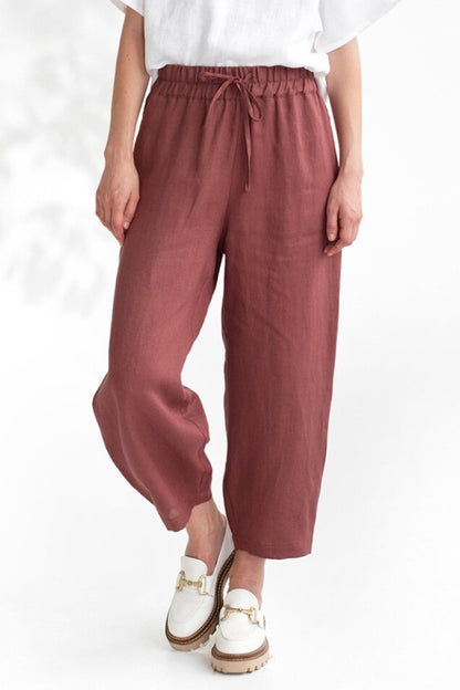 Drawstring Cropped Pants with Pockets Rust