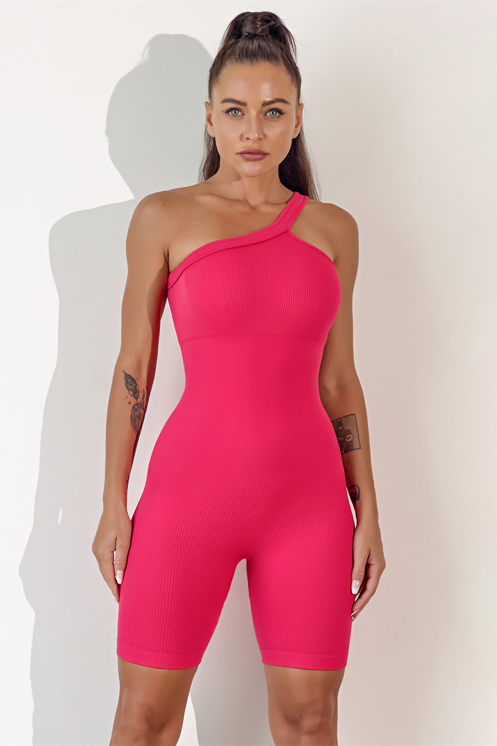 Asymmetrical Neck Wide Strap Active Romper Hot Pink