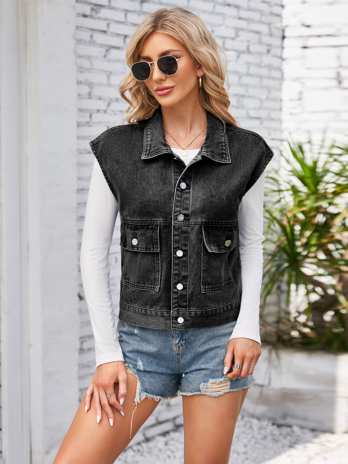 Cap Sleeve Denim Jacket with Pockets Black