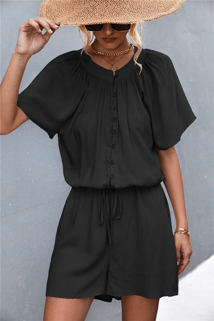 Buttoned Gather Detail Romper Black