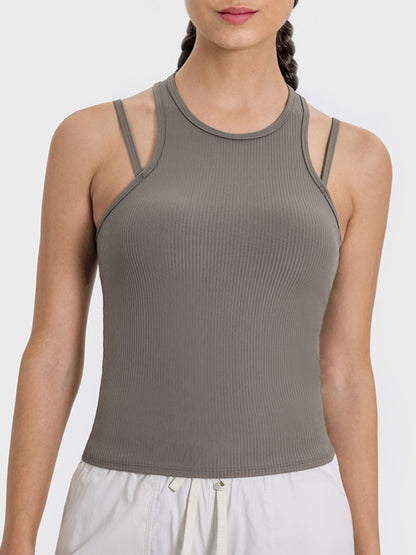 Cutout Round Neck Racerback Active Tank Mocha