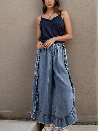 Drawstring Ruffled Wide Leg Jeans Medium