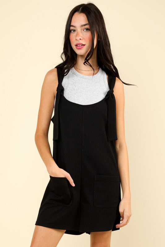 VERY J Tie Shoulder Front Pocket Romper Black