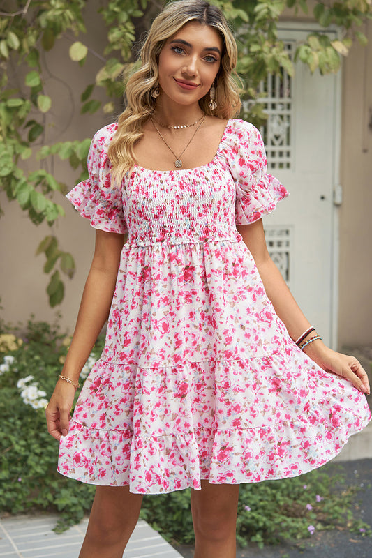 Smocked Printed Flounce Sleeve Mini Dress Blush Pink