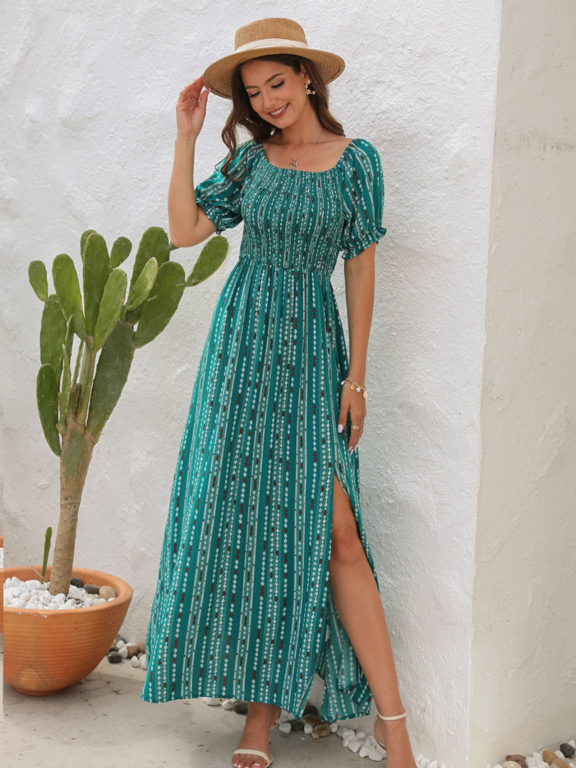 Slit Printed Short Sleeve Dress Teal