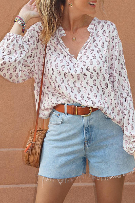 Printed Half Button Long Sleeve Blouse White