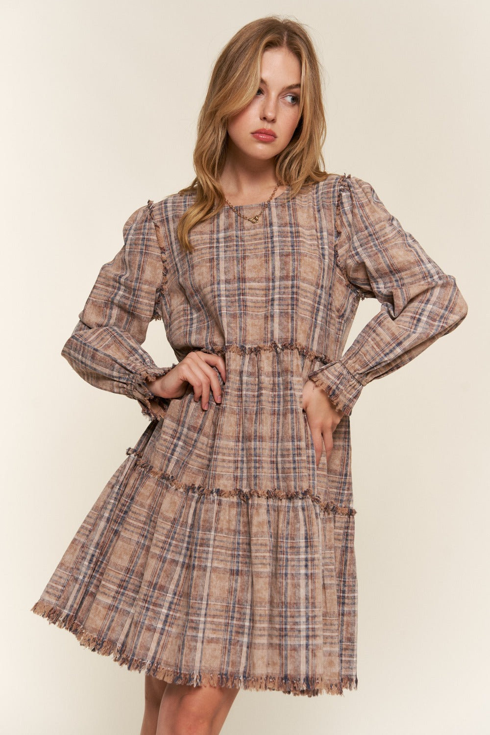 And The Why Full Size Washed Frayed Tiered Plaid Dress Brown