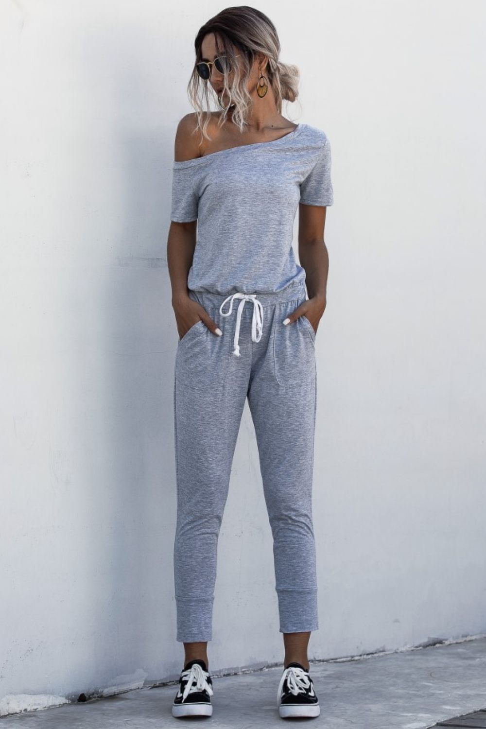 Asymmetrical Neck Tied Jumpsuit with Pockets Cloudy Blue