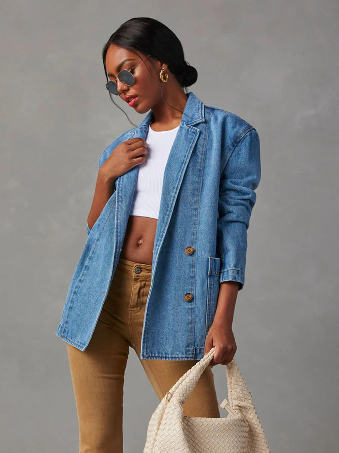 Collared Neck Long Sleeve Denim Jacket Dusty Blue