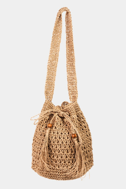 Fame Straw Braided Drawstring Tote Bag with Tassel KA One Size