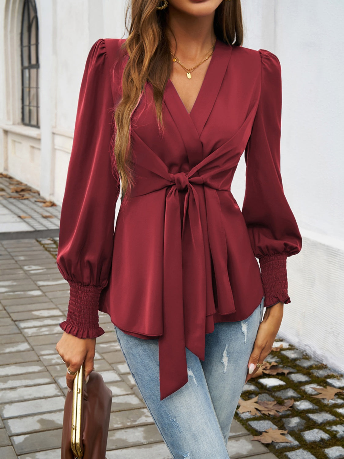 Devine Smocked Surplice Long Sleeve Blouse Burgundy