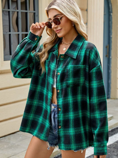 Plaid Collared Neck Long Sleeve Shirt