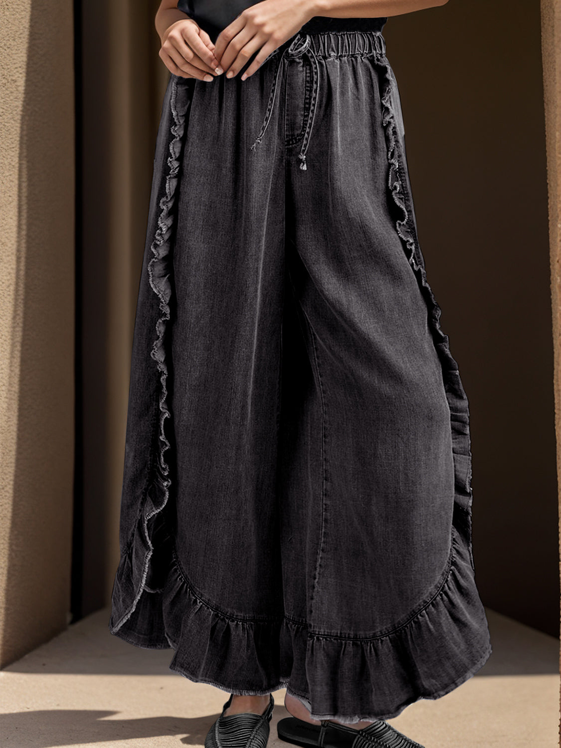 Drawstring Ruffled Wide Leg Jeans Black