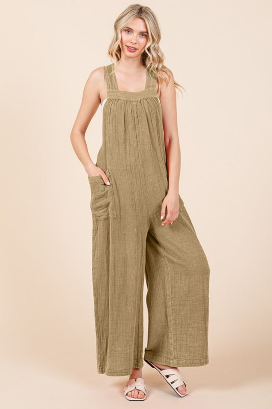 Culture Code Full Size Pocketed Sleeveless Wide Leg Overalls Iced Coffee