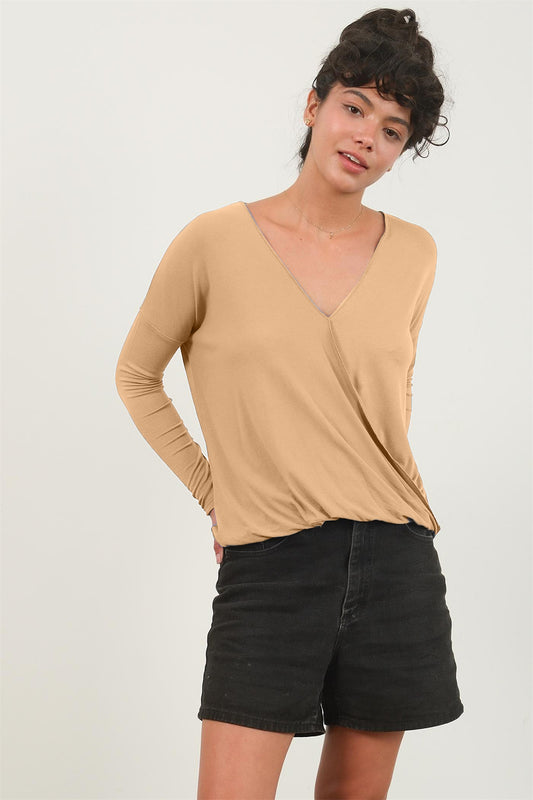 HYFVE Draped Drop Shoulder Long Sleeve Top Taupe