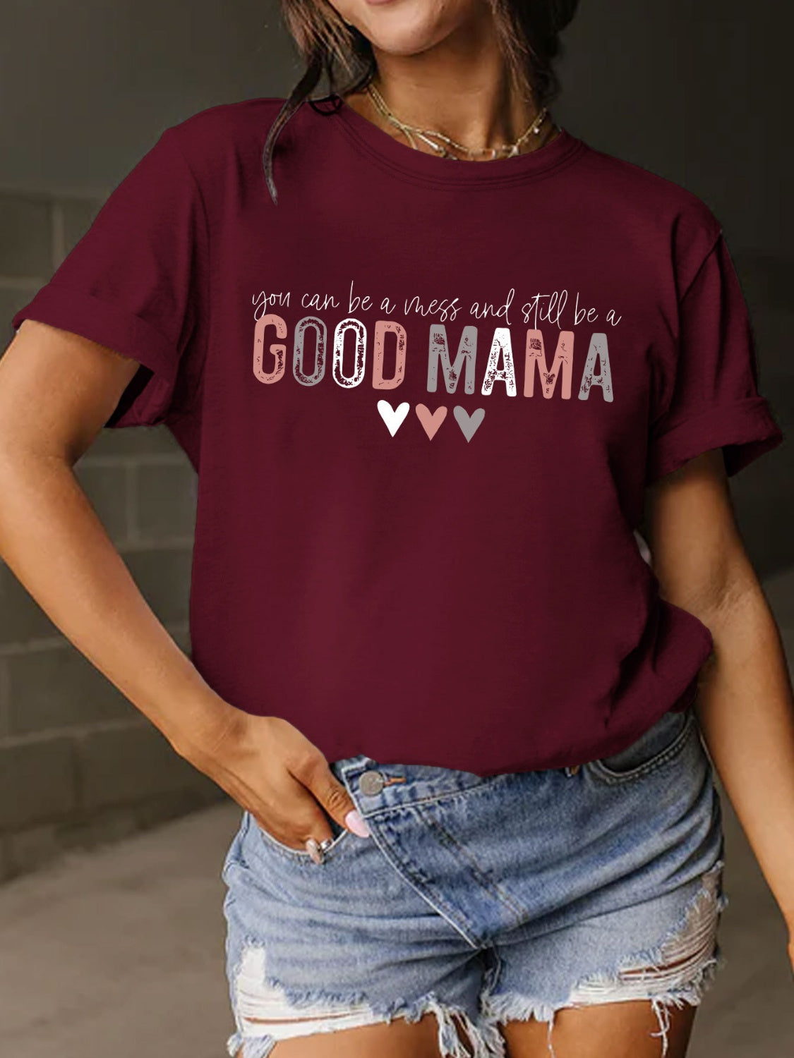 Full Size Letter Graphic Round Neck Short Sleeve T-Shirt Burgundy