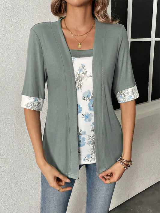 Faux Layered Printed Half Sleeve Top Gray