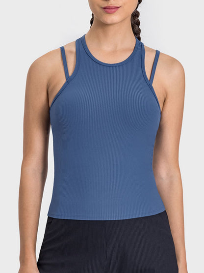 Cutout Round Neck Racerback Active Tank Dusty Blue