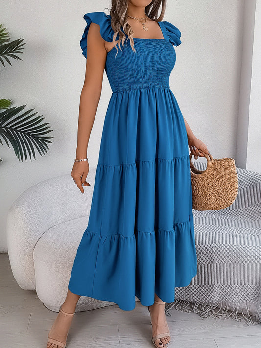 Smocked Square Neck Cap Sleeve Midi Dress Royal Blue