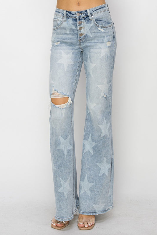 RISEN Mid Rise Button Fly Start Print Flare Jeans Light