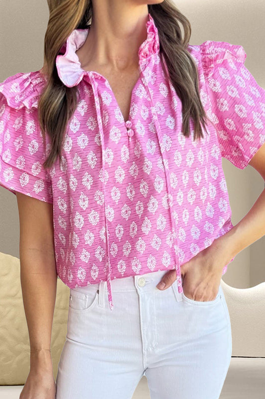 Ruffled Printed Tie Neck Short Sleeve Blouse Fuchsia Pink