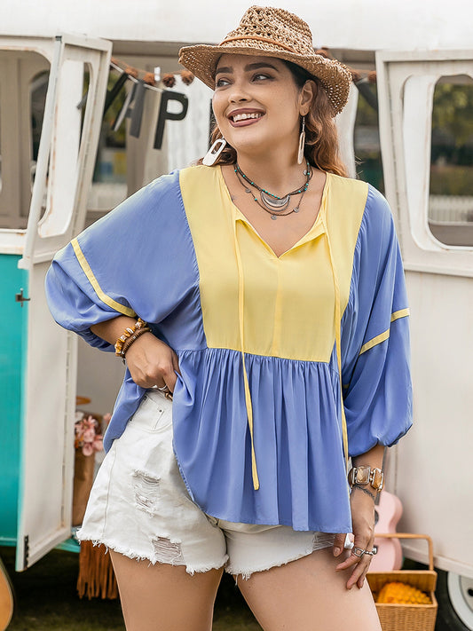 Plus Size Ruched Tie Neck Balloon Sleeve Blouse Light Blue