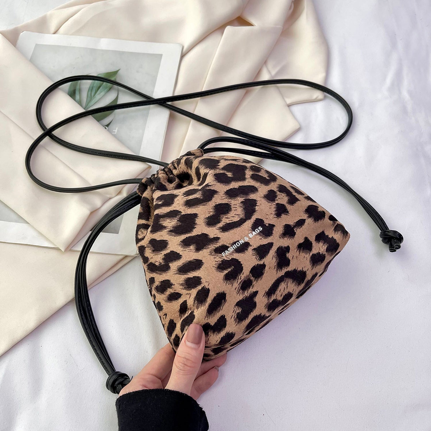 Drawstring Leopard Crossbody Bag Camel One Size