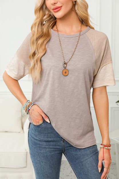 Color Block Round Neck Half Sleeve Top Eggshell