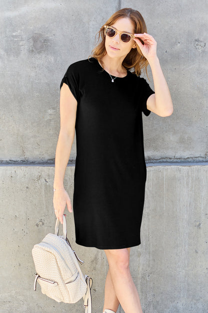 Basic Bae Bamboo Full Size Round Neck Short Sleeve Dress with Pockets Black